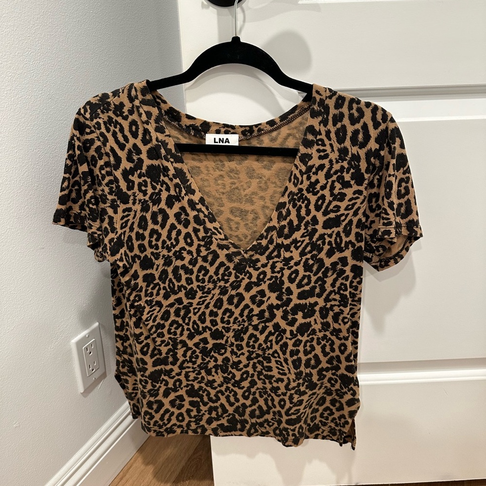 LNA Brown and Black Leopard V-Neck Tee